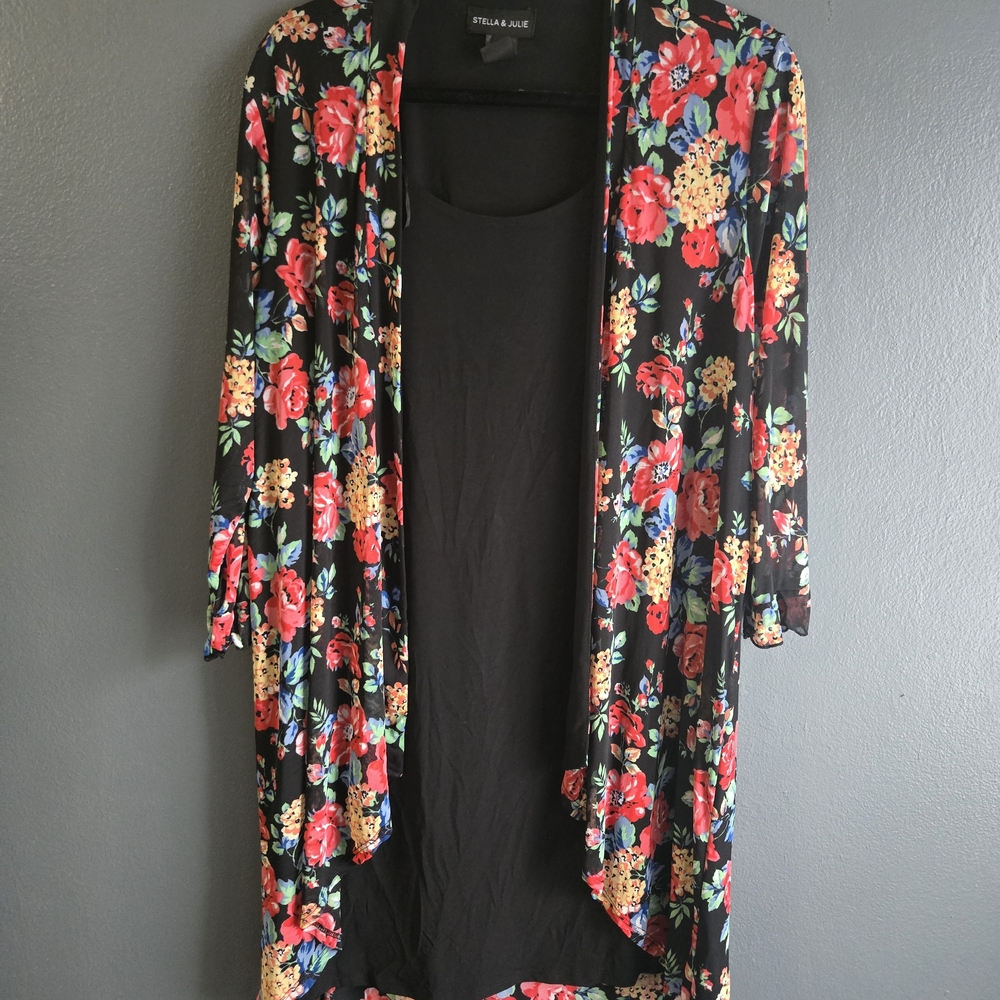 Stella & Julie Floral Print Open Front Kimono Style Cardigan Dress 16W